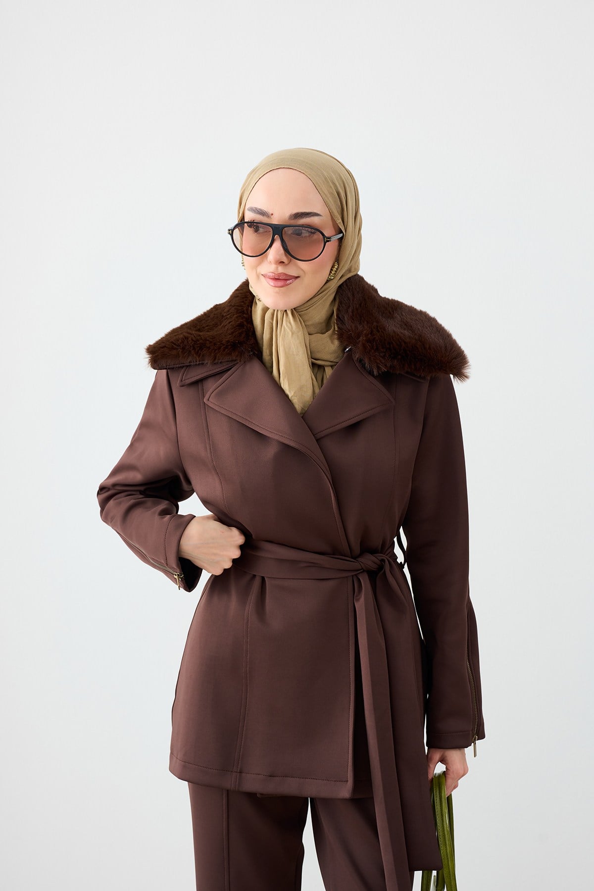 Peluş Yaka Bel Bağlamalı Scuba Takım Kahverengi