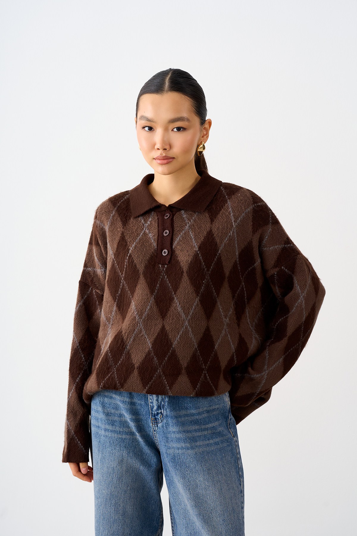 Polo Yaka Baklava Desen Oversize Triko Kazak Kahverengi