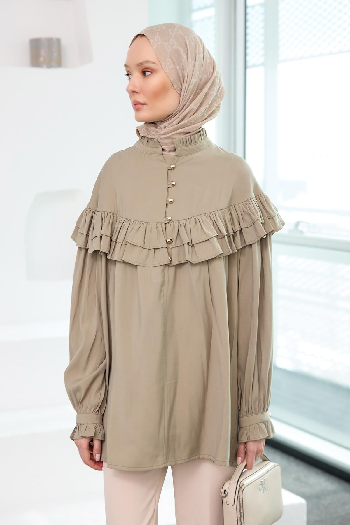 Robası Fırfırlı Cupra Tencel Gömlek Küf Yeşil