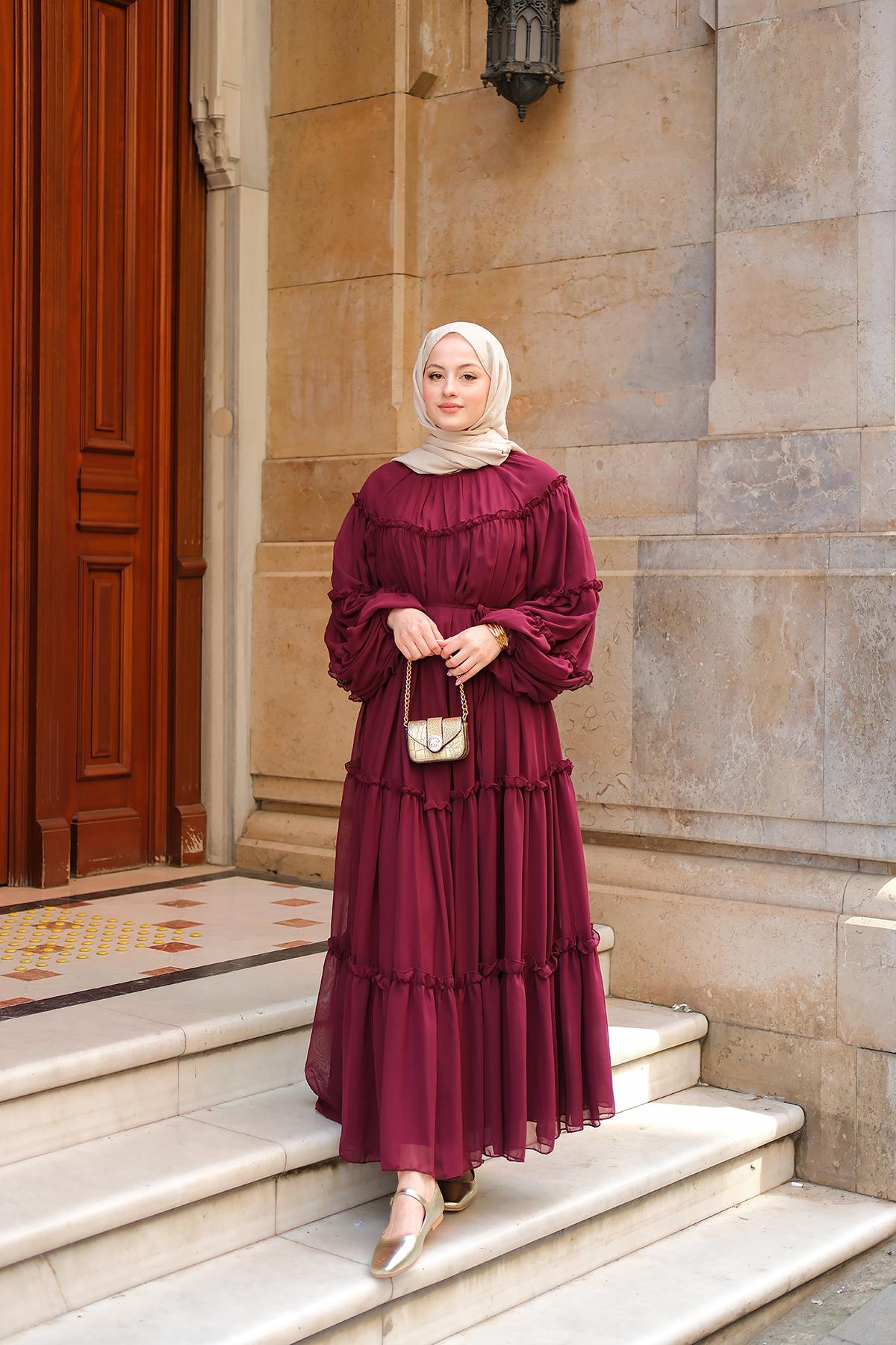 Şifon Fırfırlı Elbise Mürdüm