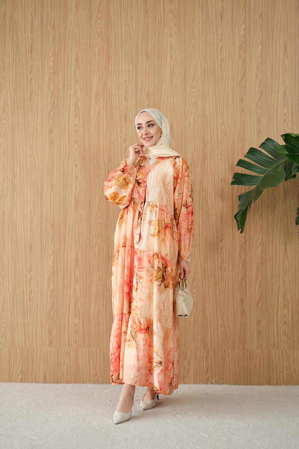 Soft Çiçek Desen Elbise Somon