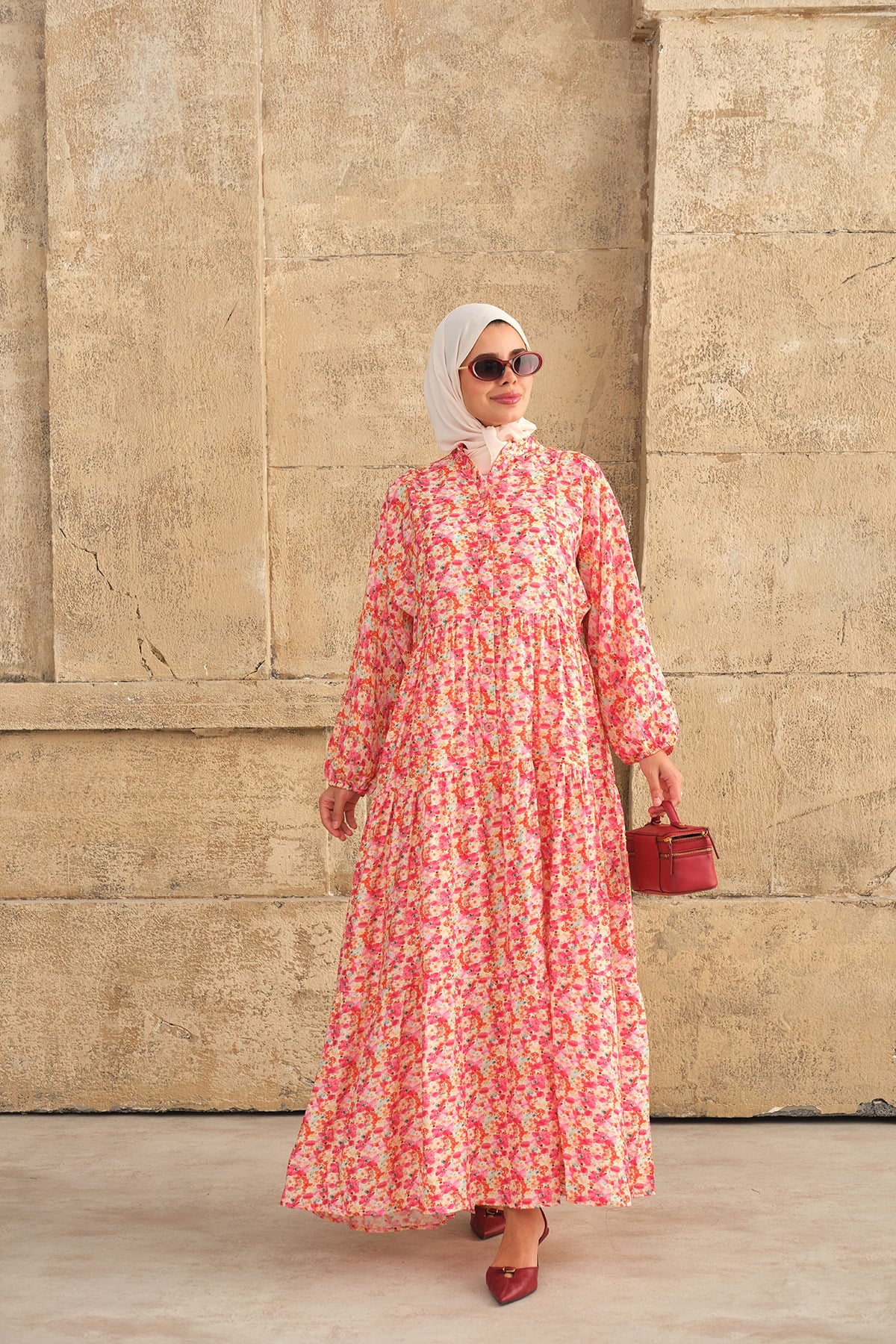 Sulu Boya Çiçek Desenli Elbise Pembe