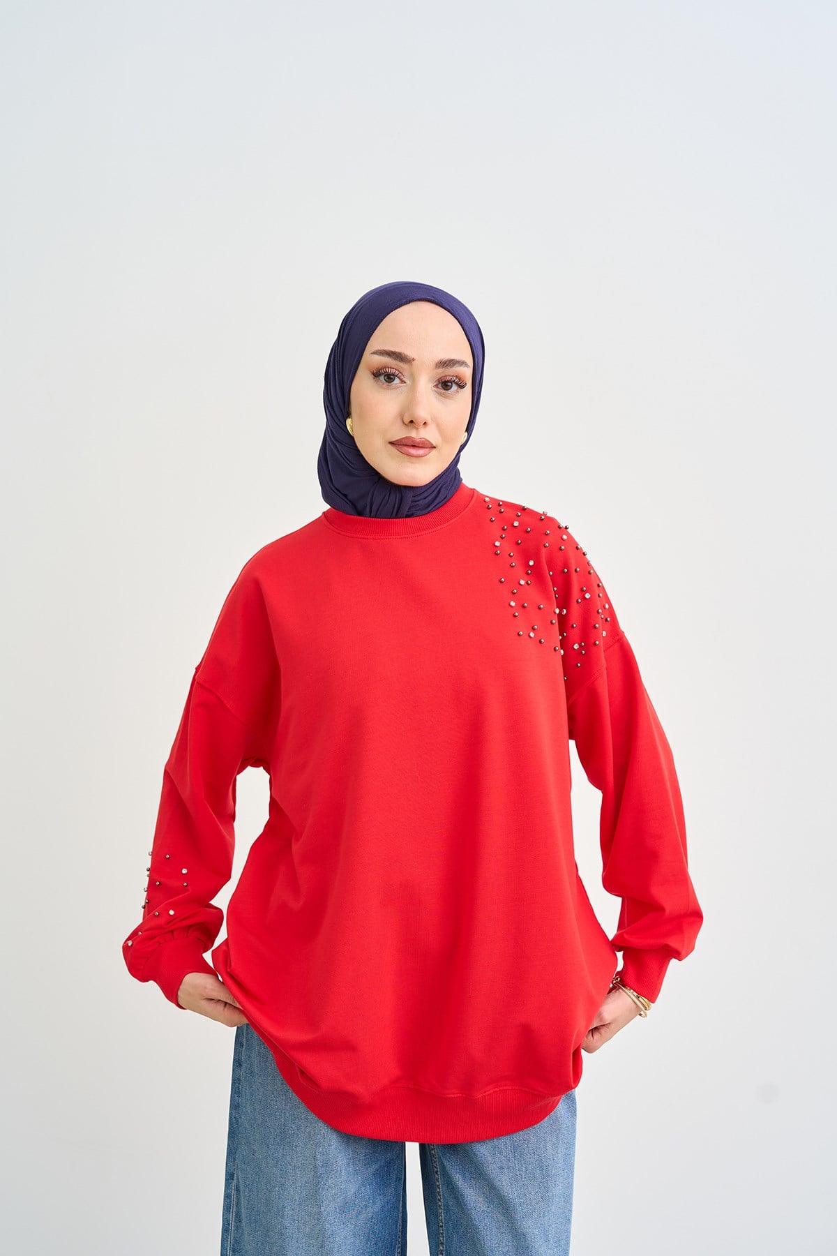 Taş Ve İnci Detaylı Sweatshirt Kırmızı