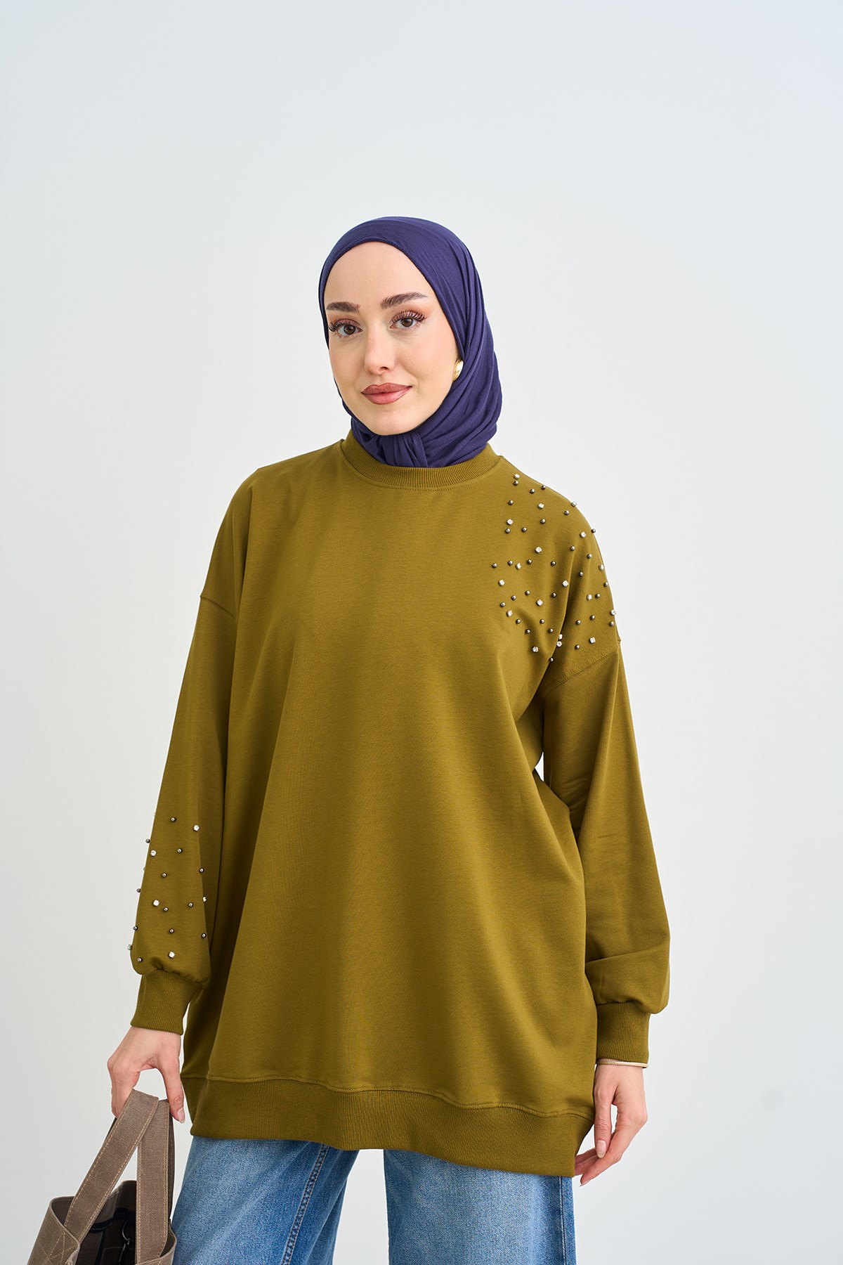 Taş Ve İnci Detaylı Sweatshirt Yağ Yeşil