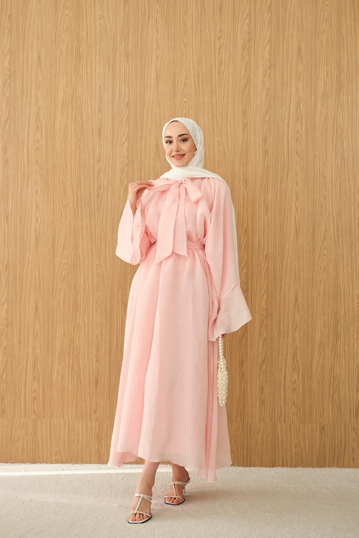 Tül Kumaş Boyun Bağlamalı Detaylı Bel Bağlamalı Elbise Pembe