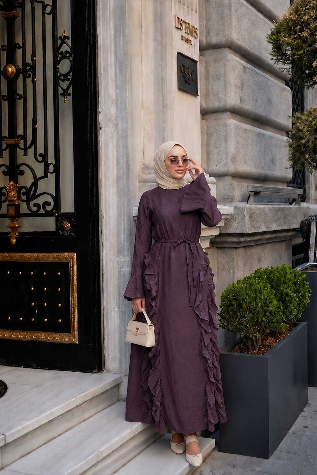 Tül Model Yanları Fırfırlı Elbise Mürdüm