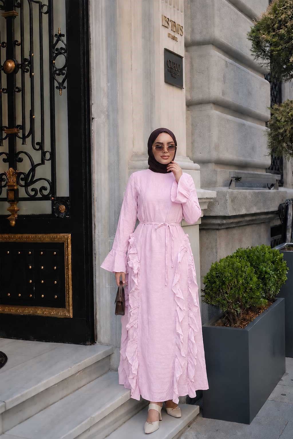 Tül Model Yanları Fırfırlı Elbise Pembe