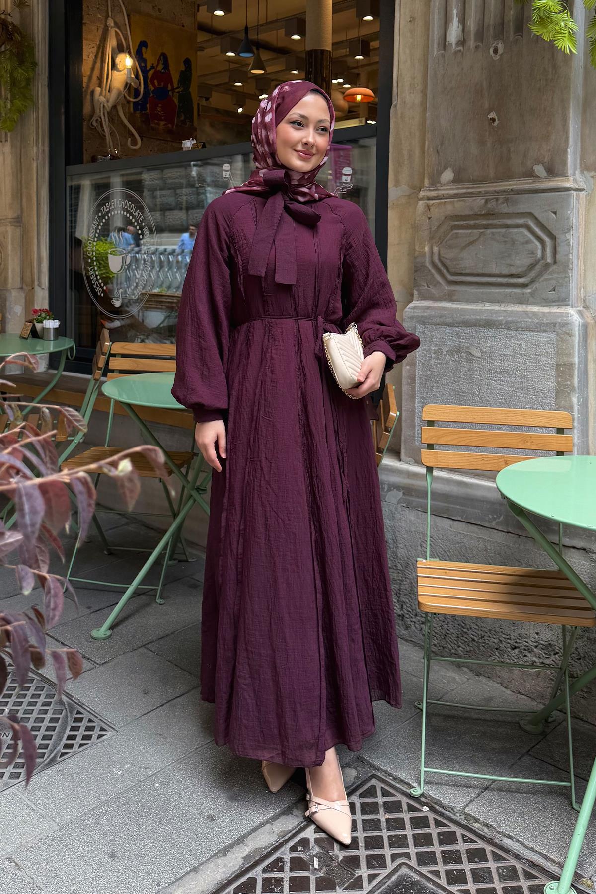 Yaka Bağlamalı Tül Kumaş Detay Bel Bağlamalı Elbise Mürdüm