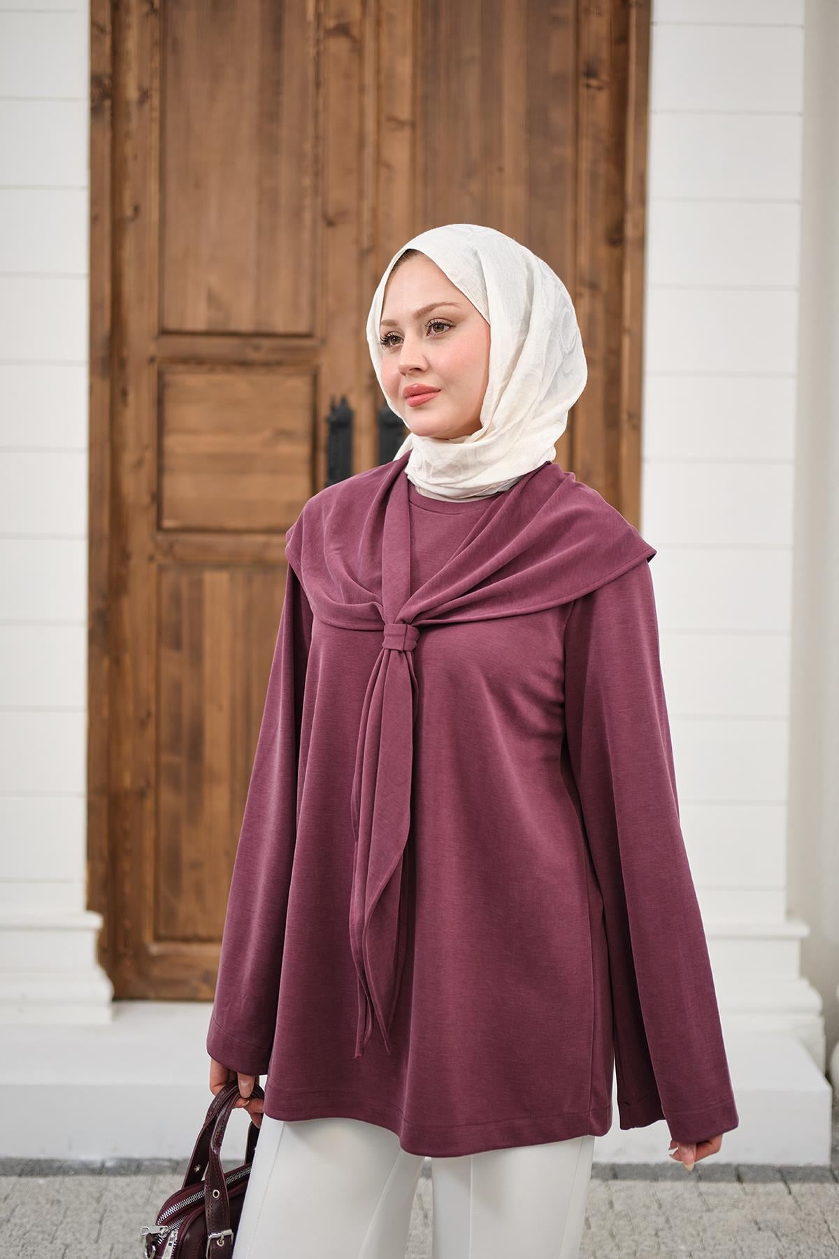 Yaka Pelerin Bağlamalı Bisiklet Yaka Tunik Mürdüm