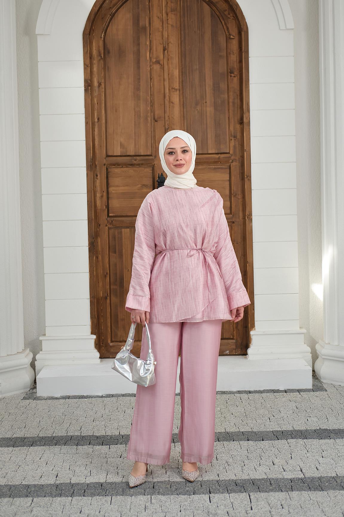Yaka Şal Detay Bel Bağlamalı Takım Pembe