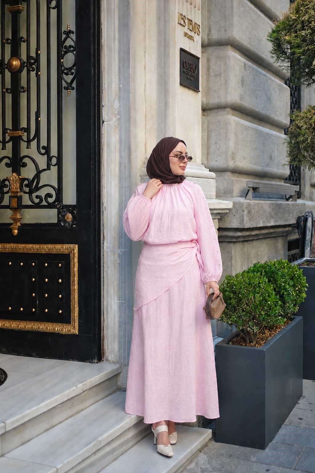 Yan Düğme Detaylı İkili Takım Pembe