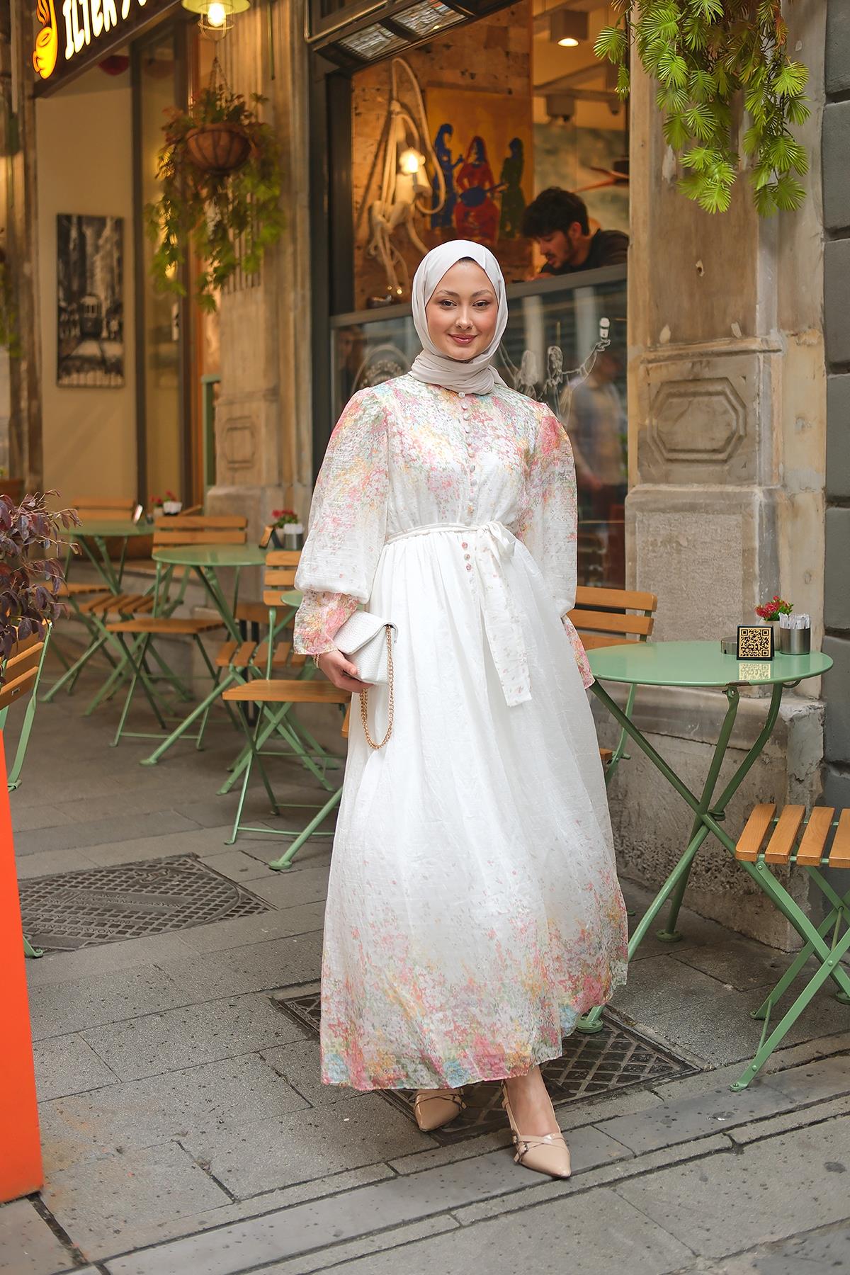 Yarım Pat Düğmeli Dijital Sulu Boya Desen Elbise Pembe