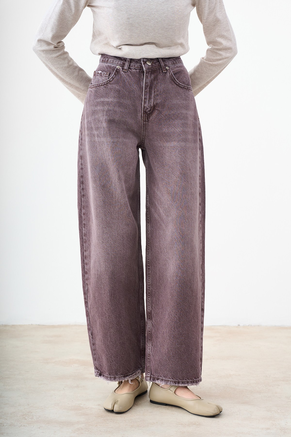 Yıkama Detay Paça Püsküllü Baggy Pantolon Kahverengi