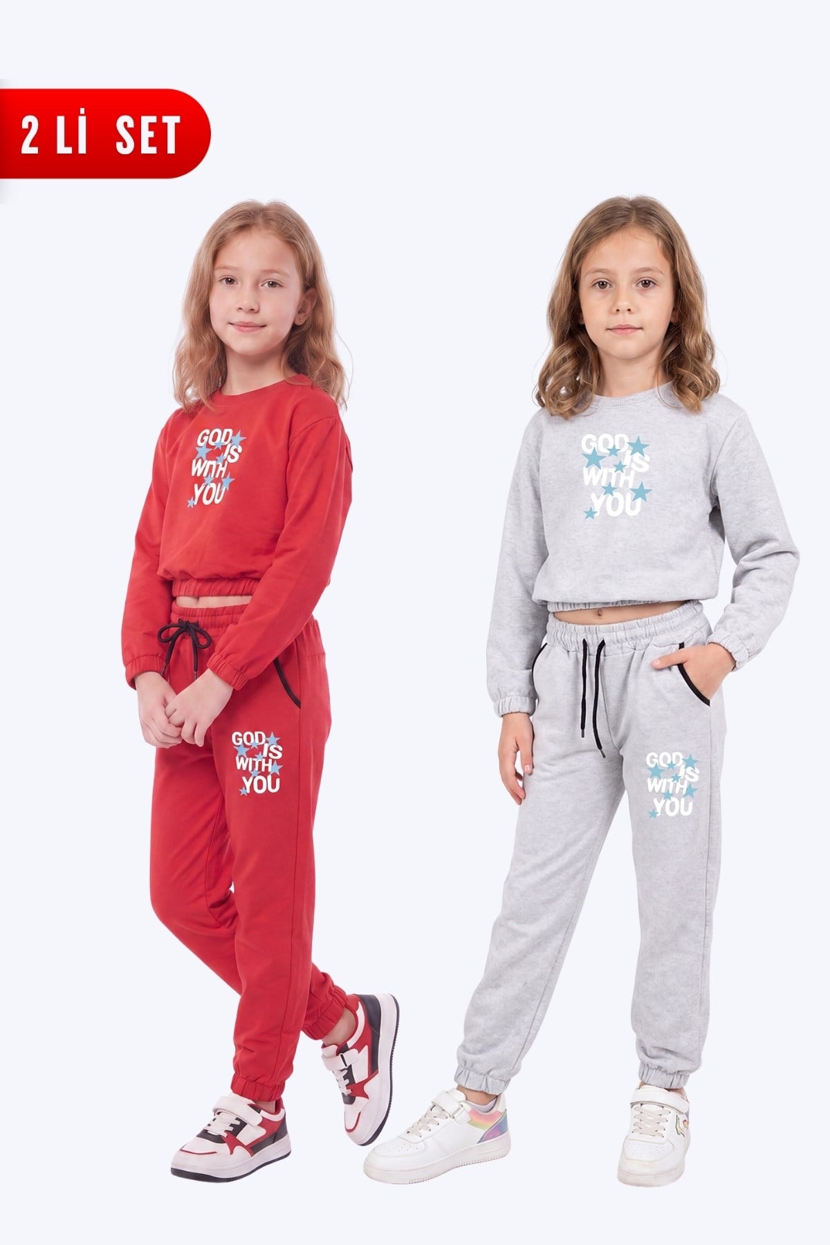 2'li Kız Çocuk Bisiklet Yaka Kısa Kesim Baskılı Çift Cepli 4 Parça Eşofman Takımı