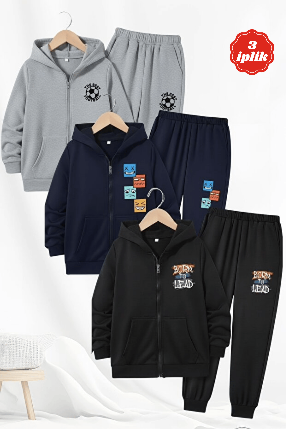 3 İplik Kalın Kışlık Baskı Detaylı Fermuarlı Kapüşonlu 3'lü Erkek Çocuk Eşofman Takımı