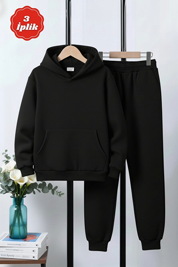 3 iplik Kalın Kışlık Kanguru Cepli Kapüşonlu Erkek Çocuk Eşofman Takımı