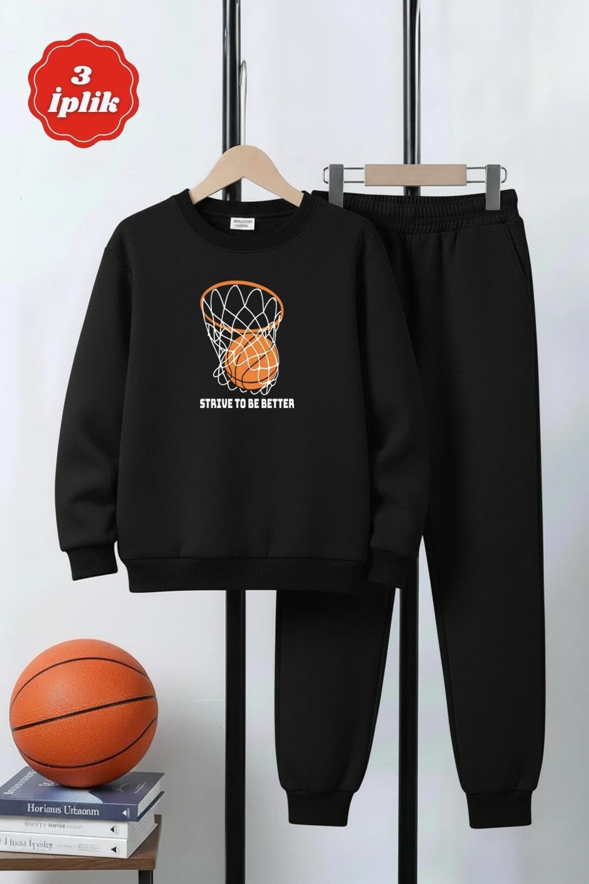 3 İPLİK KALIN YUVARLAK YAKA BASKETBOL POTASI BASKI DETAYLI KIŞLIK ERKEK ÇOCUK EŞOFMAN TAKIMI