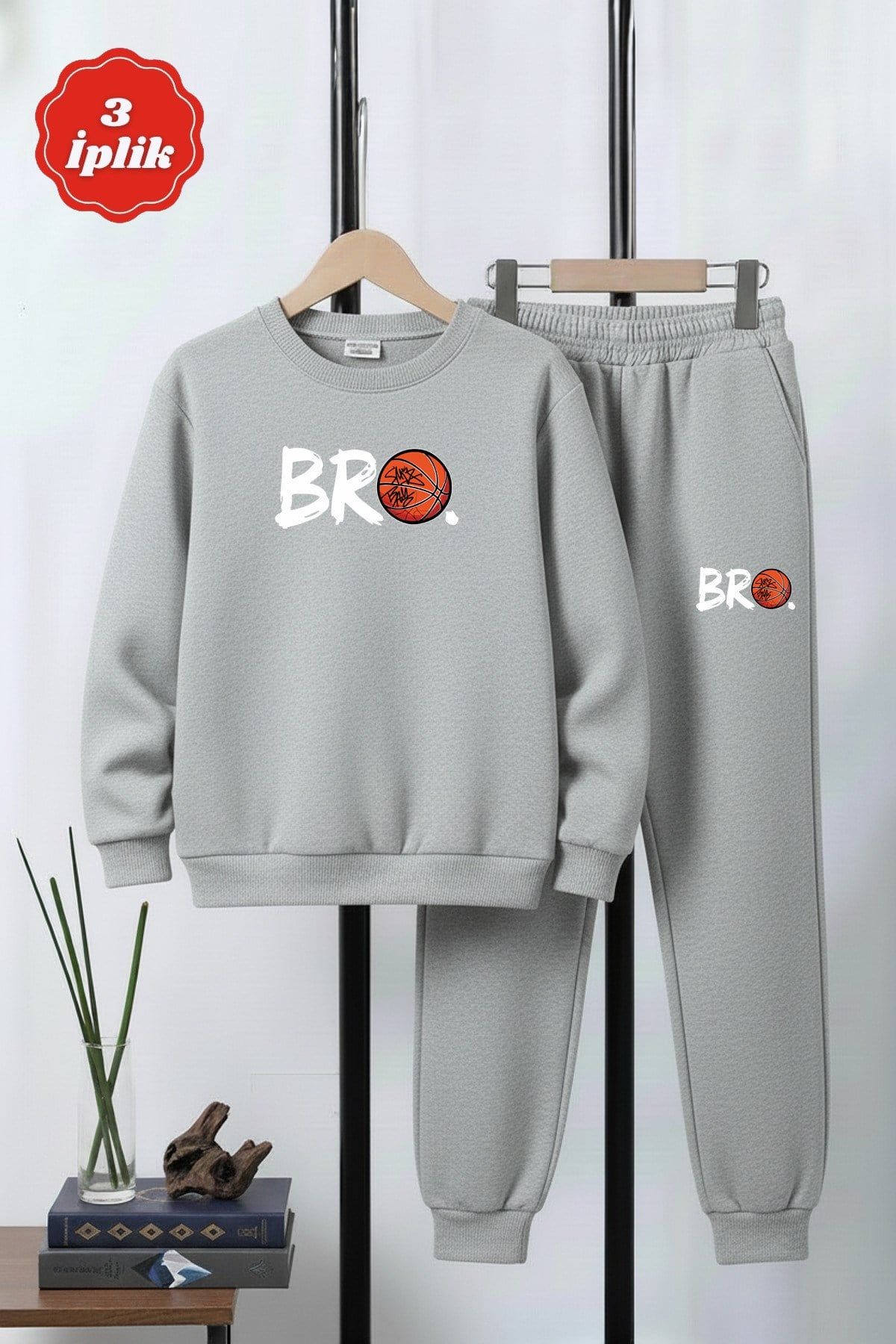 3 İPLİK KALIN YUVARLAK YAKA BRO BASKETBOL BASKI DETAYLI KIŞLIK ERKEK ÇOCUK EŞOFMAN TAKIMI