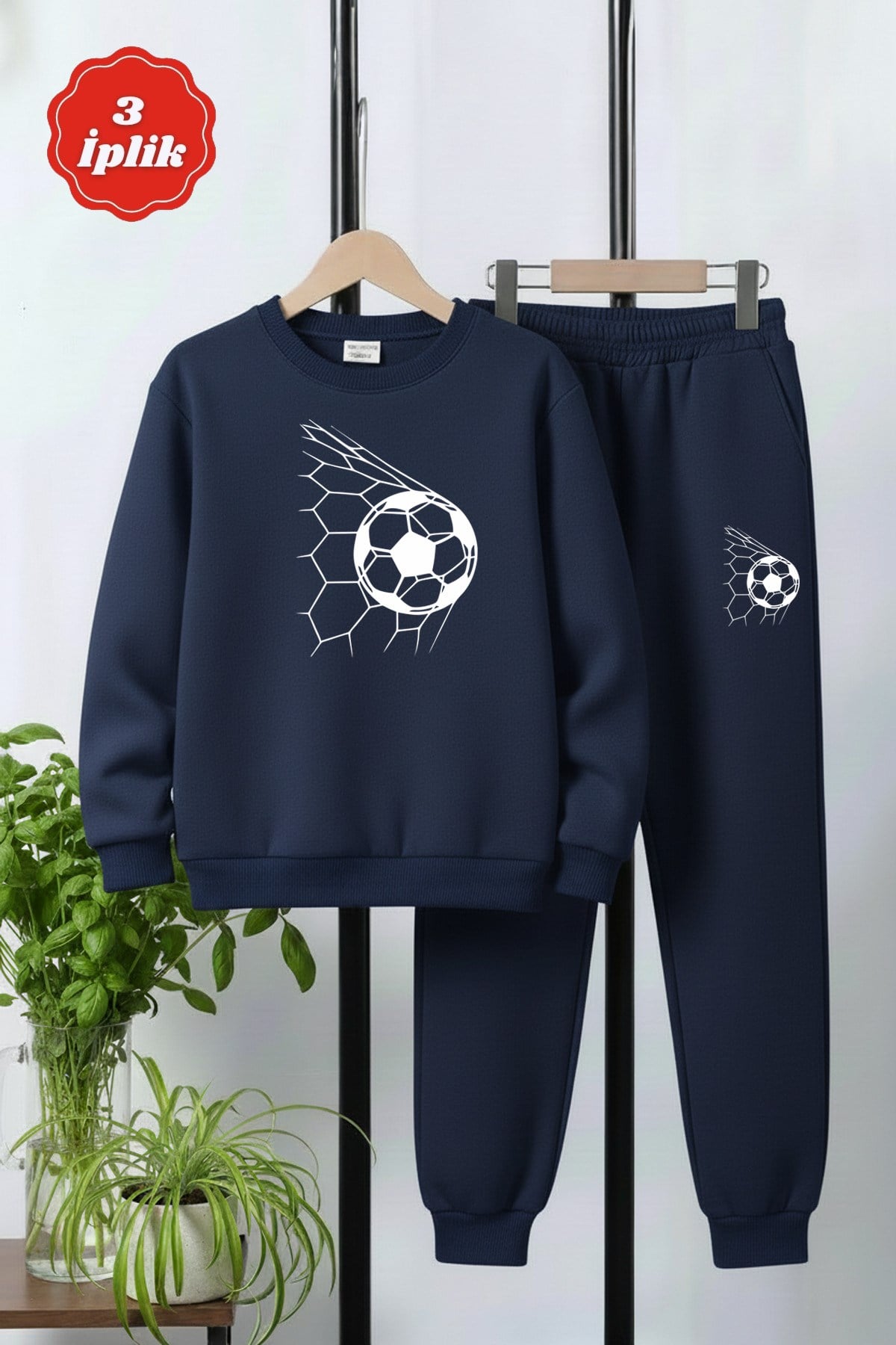 3 İPLİK KALIN YUVARLAK YAKA FUTBOL FİLESİ BASKI DETAYLI KIŞLIK ERKEK ÇOCUK EŞOFMAN TAKIMI