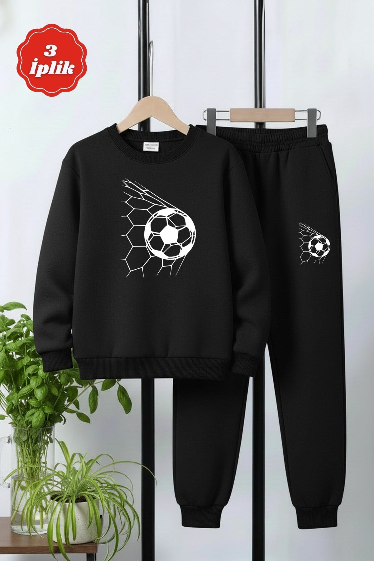 3 İPLİK KALIN YUVARLAK YAKA FUTBOL FİLESİ BASKI DETAYLI KIŞLIK ERKEK ÇOCUK EŞOFMAN TAKIMI