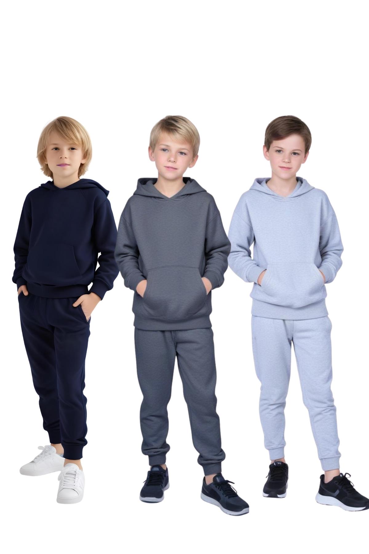 3 LÜ DÜZ BASKISIZ KANGURU CEPLİ KAPÜŞONLU ERKEK ÇOCUK EŞOFMAN TAKIMI