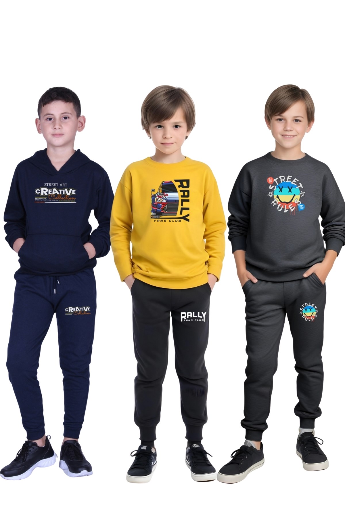 3 LÜ ERKEK ÇOCUK BASKILI KANGURU CEPLİ KAPÜŞONLU/SIFIR YAKA EŞOFMAN TAKIMI