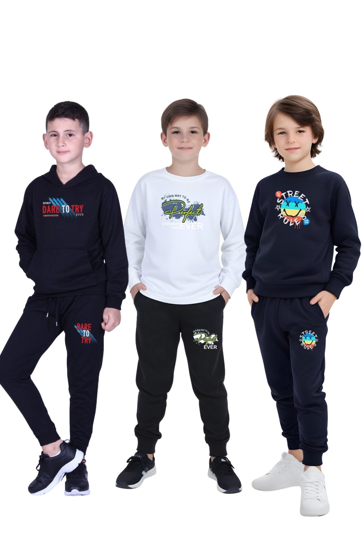 3 LÜ ERKEK ÇOCUK BASKILI KANGURU CEPLİ KAPÜŞONLU/SIFIR YAKA EŞOFMAN TAKIMI