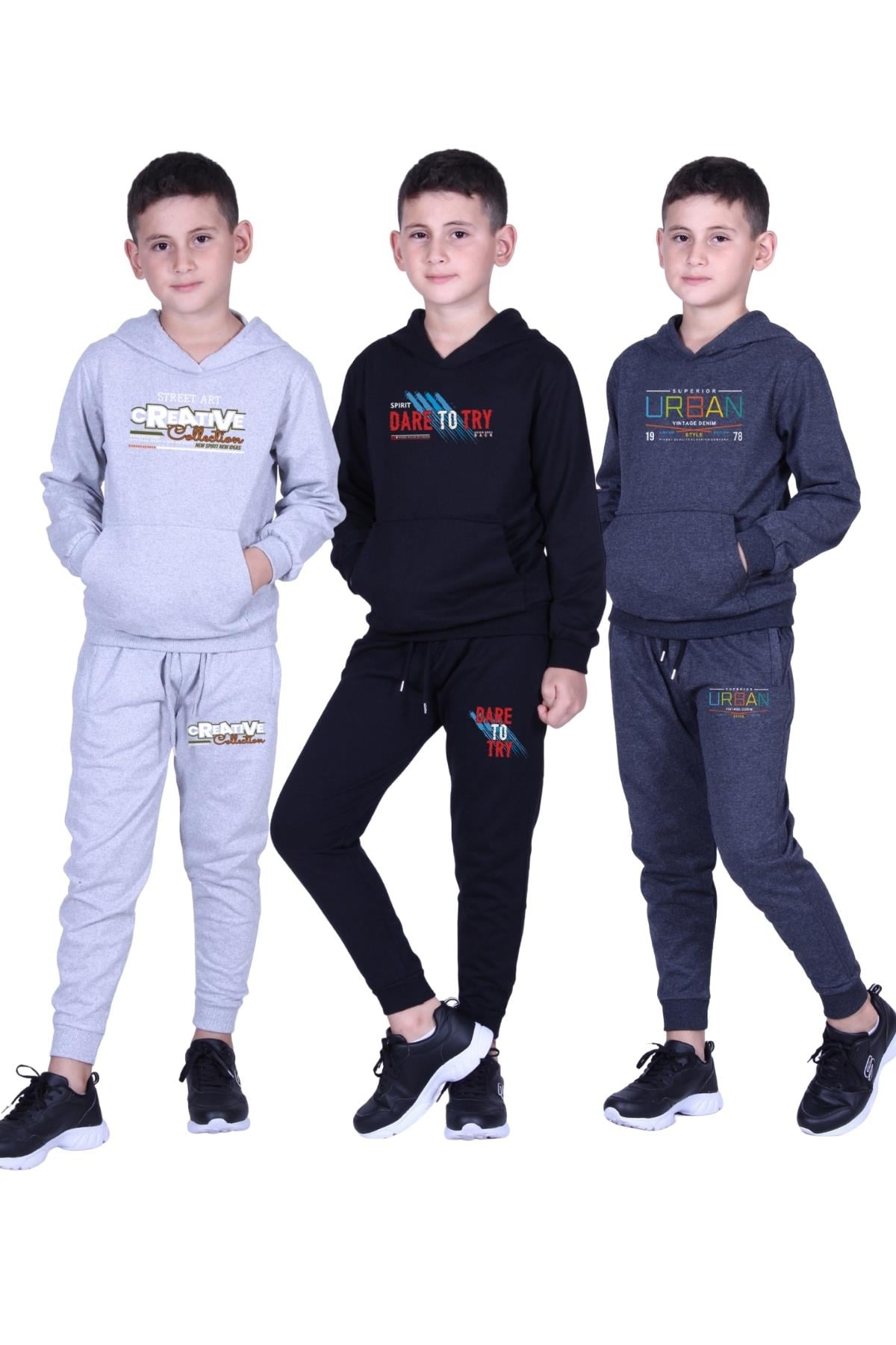 3'lü BASKI DETAYLI KAPÜŞONLU ERKEK ÇOCUK EŞOFMAN TAKIMI