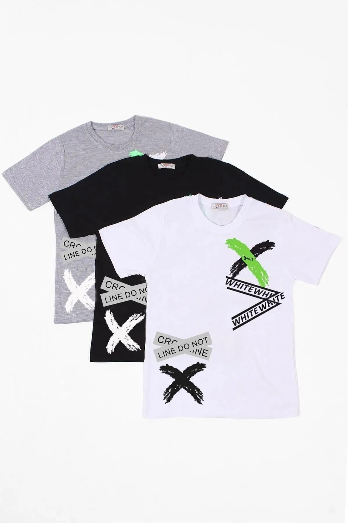 3Lü Baskılı X Collection Erkek Çocuk Beyaz Siyah Gri T-Shirt