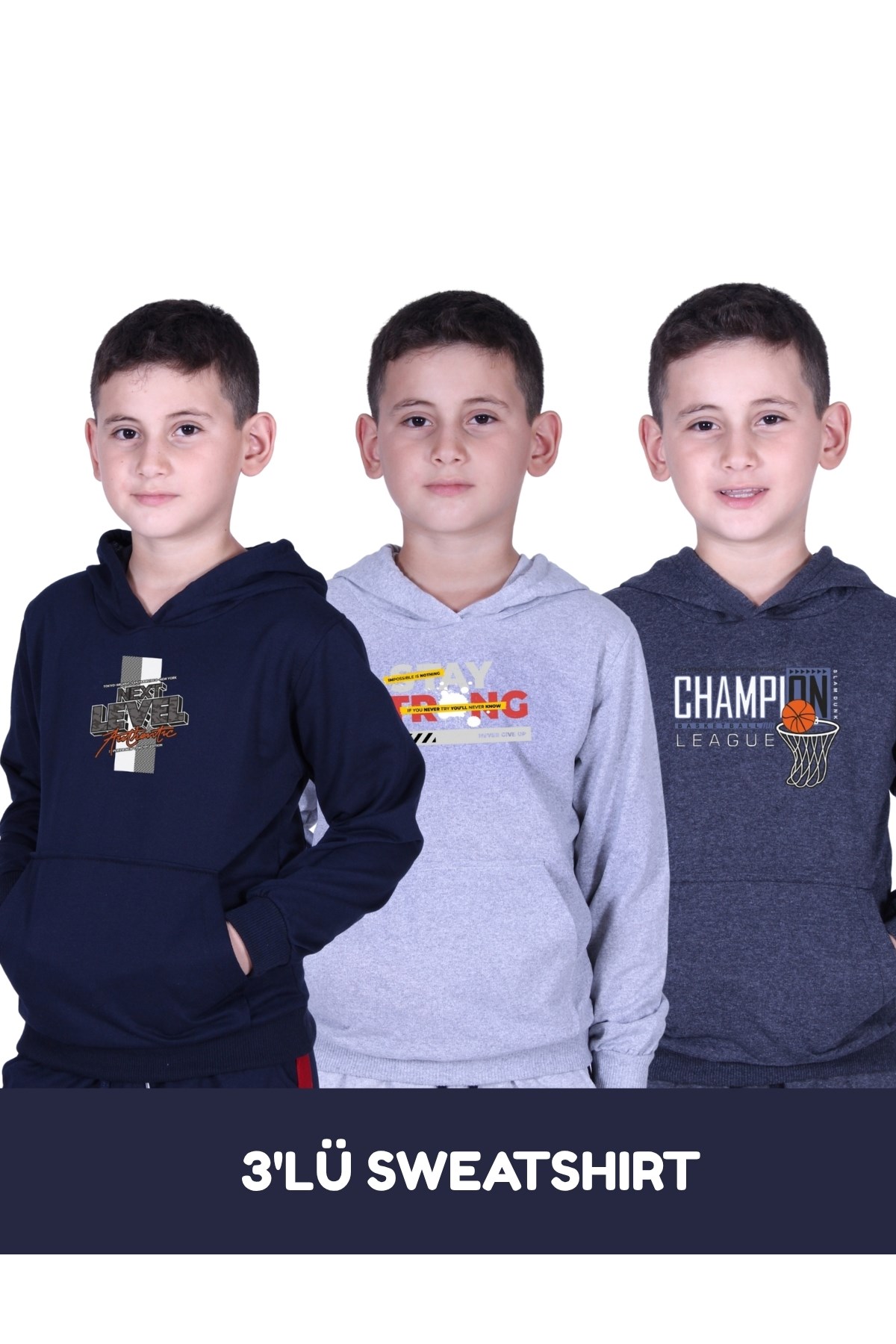 3'LÜ ERKEK ÇOCUK BASKILI CEPLİ KAPÜŞONLU SWEATSHİRT