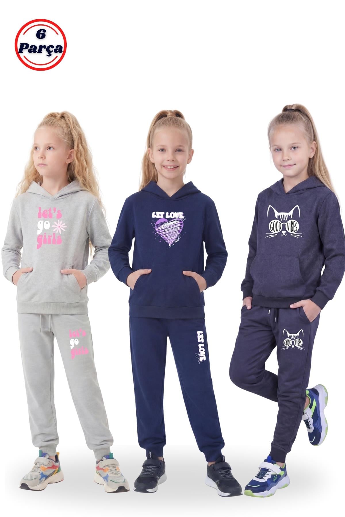 3'lü Kapüşonlu Kanguru Cepli Baskı Detaylı 6 Parça Kız Çocuk Eşofman Takımı