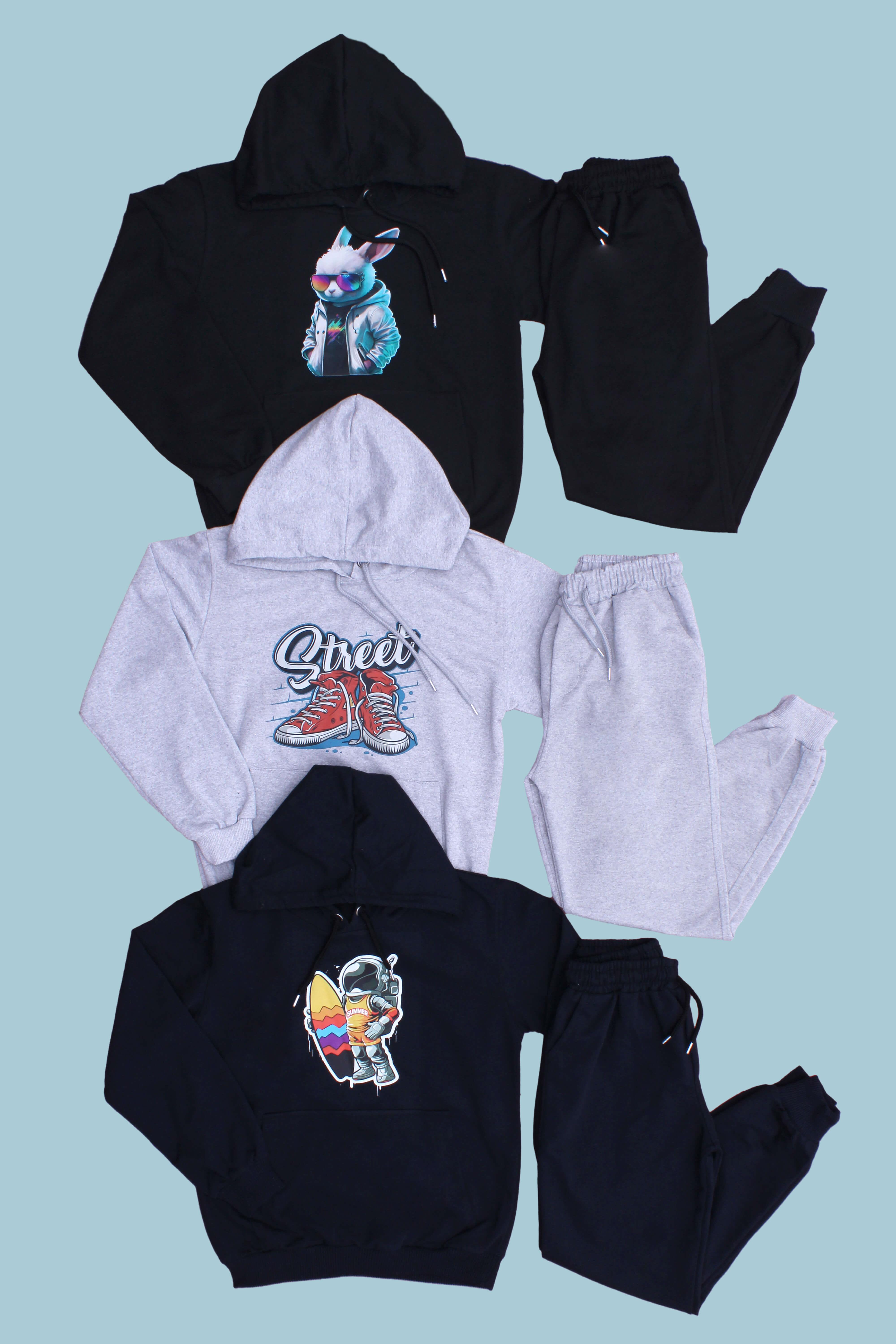 3'lü KAPÜŞONLU KANGURU CEPLİ ERKEK ÇOCUK EŞOFMAN TAKIMI