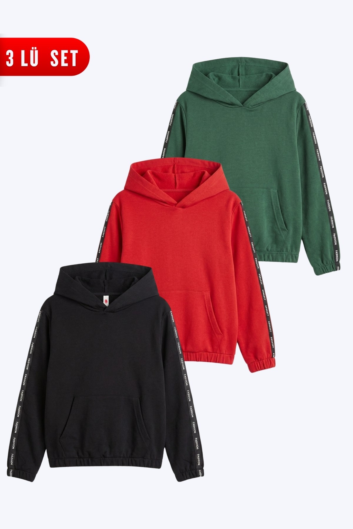3'lü Kız Çocuk Kapüşonlu Kanguru Cepli Şerit Detaylı Sweatshirt