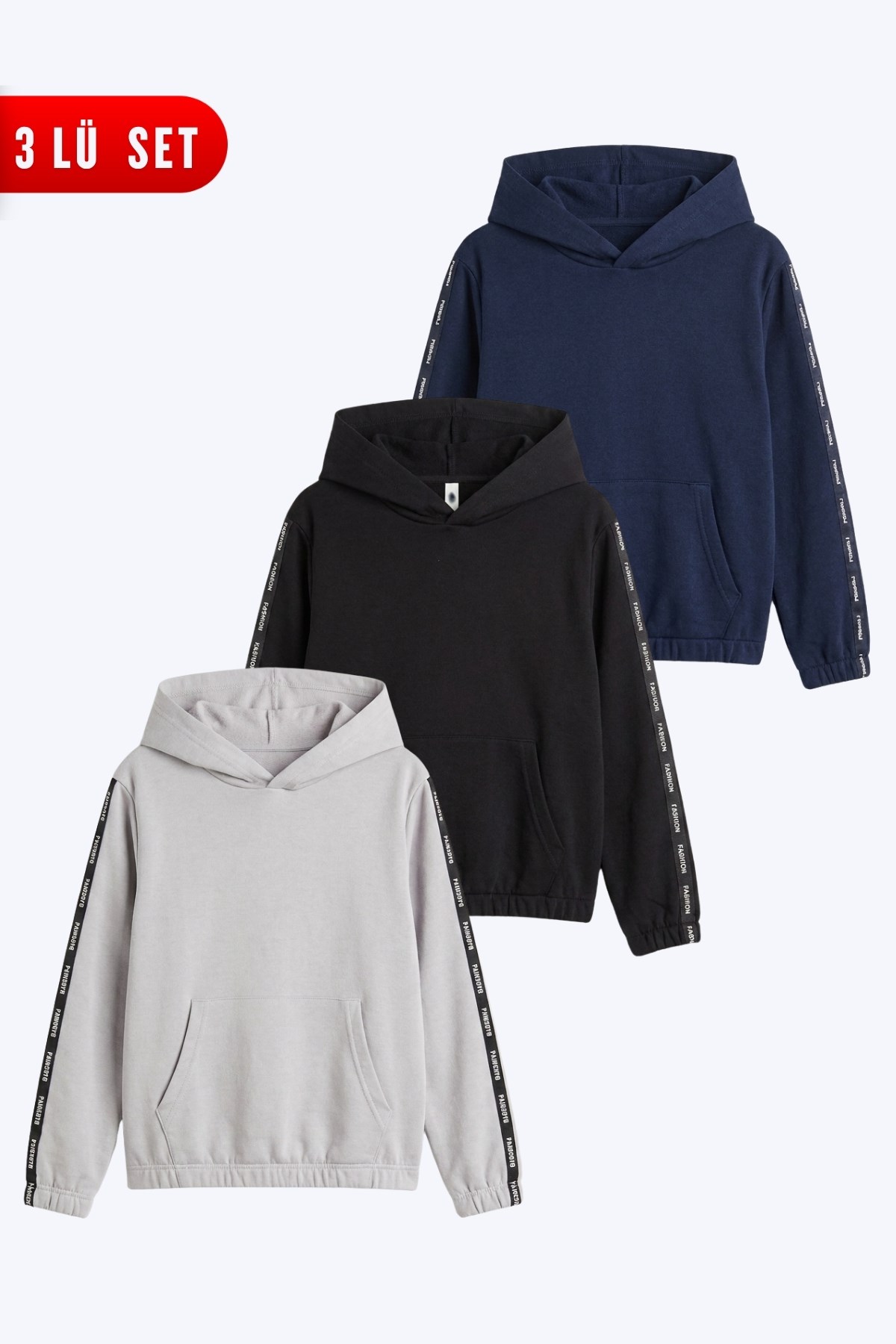 3'lü Kız Çocuk Kapüşonlu Kanguru Cepli Şerit Detaylı Sweatshirt