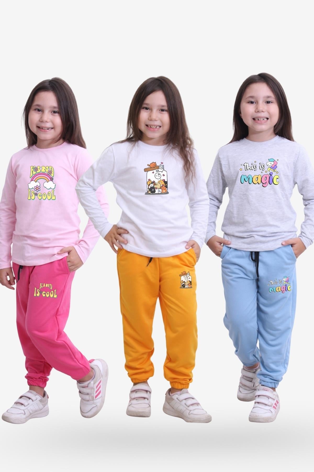3'lü Kız Çocuk Yuvarlak Yaka Baskı Detaylı Alt-üst Pijama Takimi
