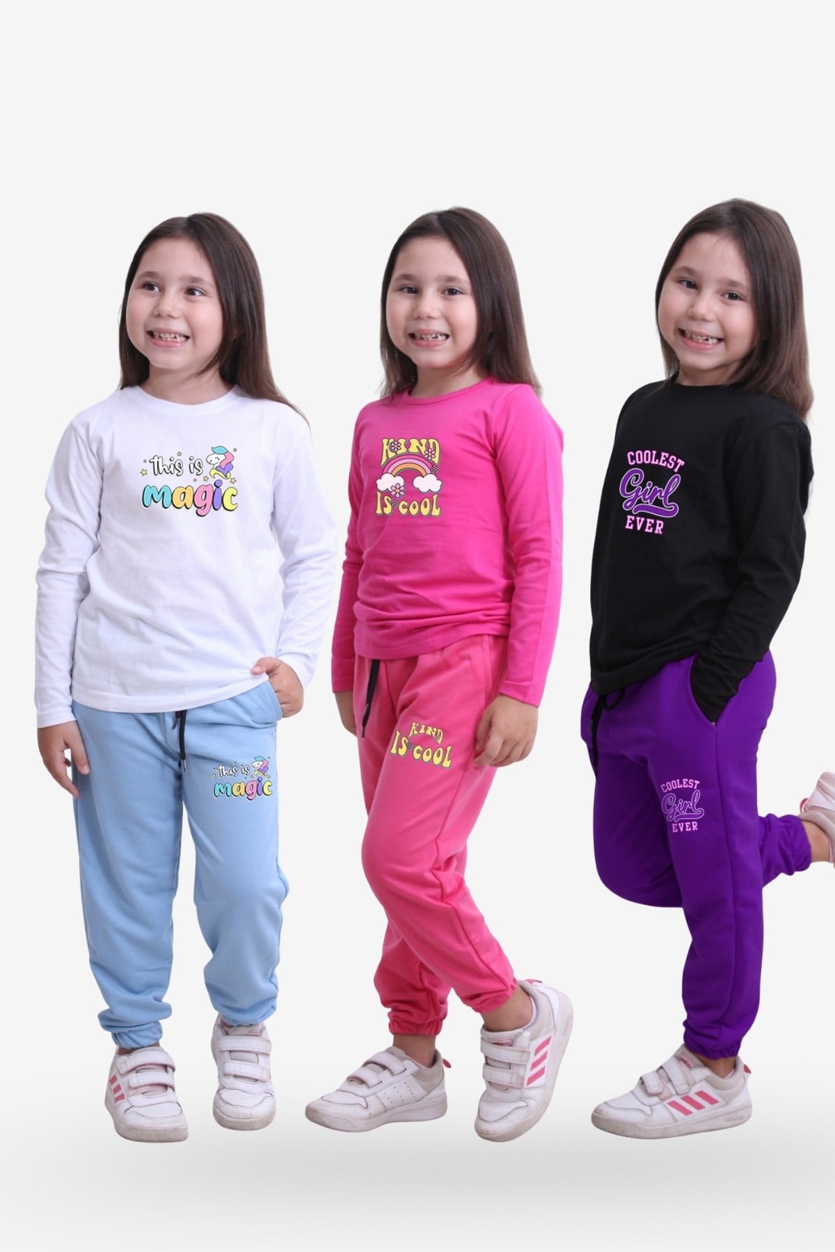 3'lü Kız Çocuk Yuvarlak Yaka Baskı Detaylı Alt-üst Pijama Takimi