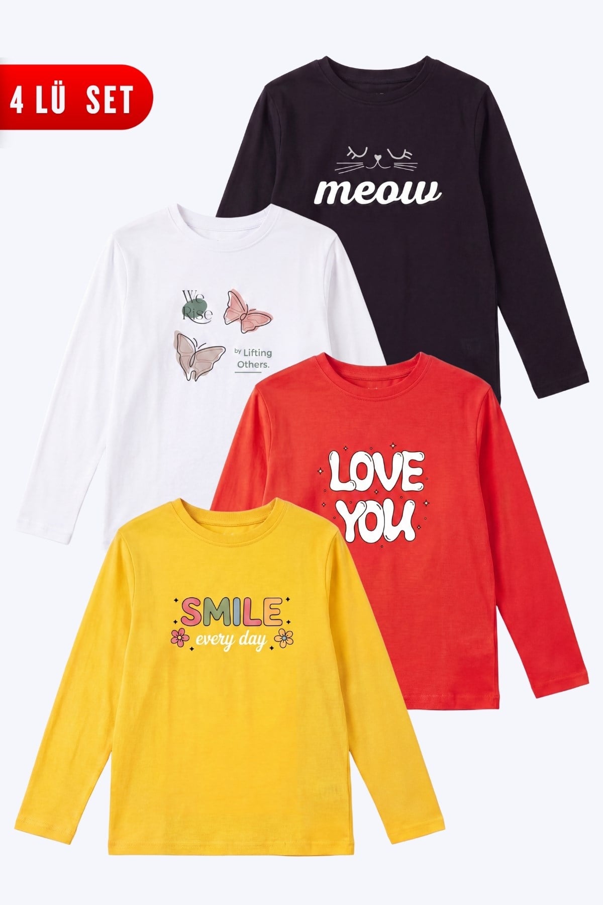 4'lü Kız Çocuk Yuvarlak Yakalı Baskı Detaylı Sweatshirt