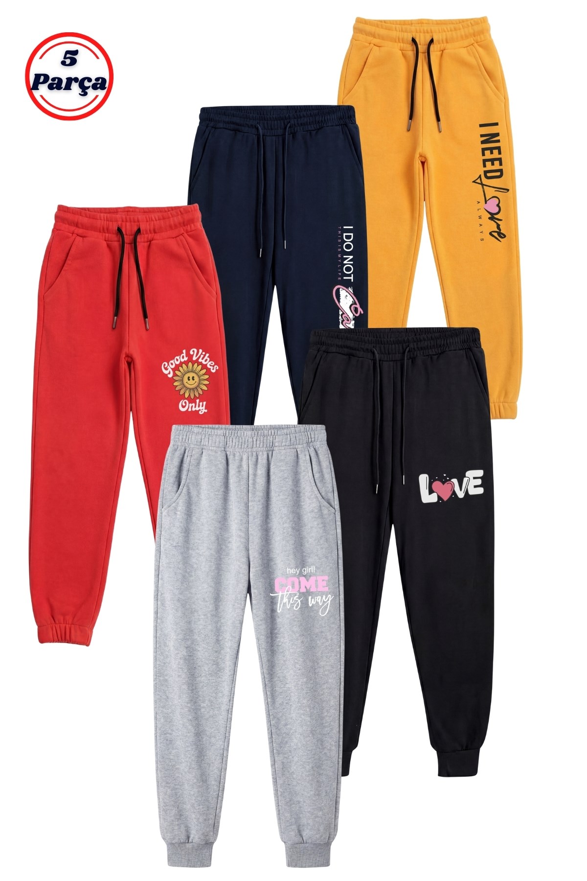 5 Li Baskı Detaylı Paçası Lastikli Jogger Kız Çocuk Eşofman Altı