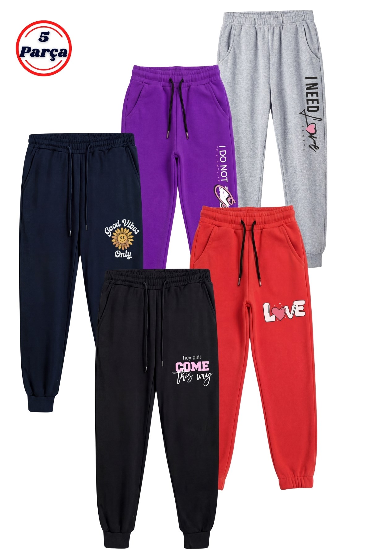 5 Li Baskı Detaylı Paçası Lastikli Jogger Kız Çocuk Eşofman Altı