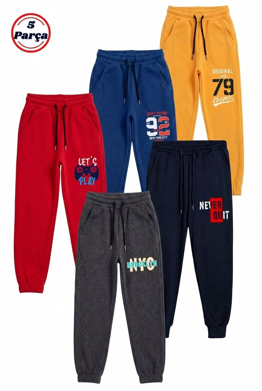 5'li Baskı Detaylı Beli Lastikli Erkek Çocuk Jogger Eşofman Altı