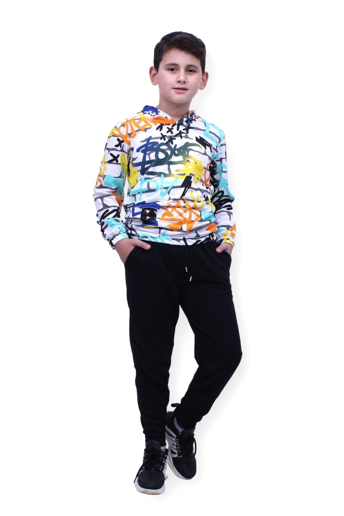 Desenli, Kapüşonlu, Unisex Sweatshirt-Eşofman Alt Üst Takım 2 İplik