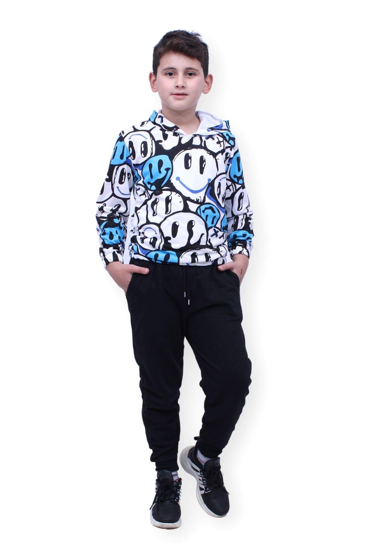 Desenli, Kapüşonlu, Unisex Sweatshirt-Eşofman Alt Üst Takım 2 İplik
