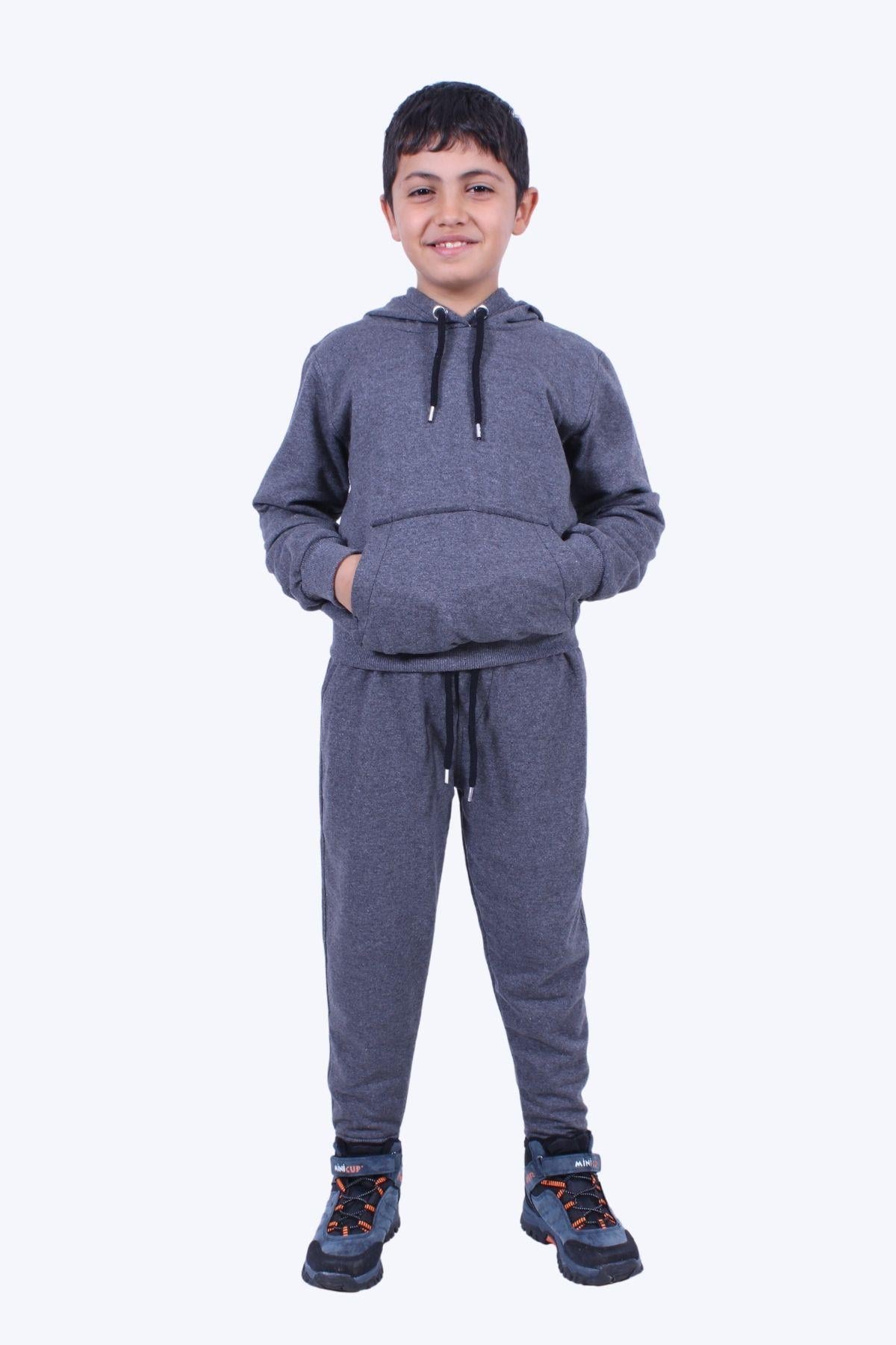 Düz Kanguru Cepli Kapşonlu Kargo Cep Erkek Çocuk Alt-Üst Eşofman Takımı