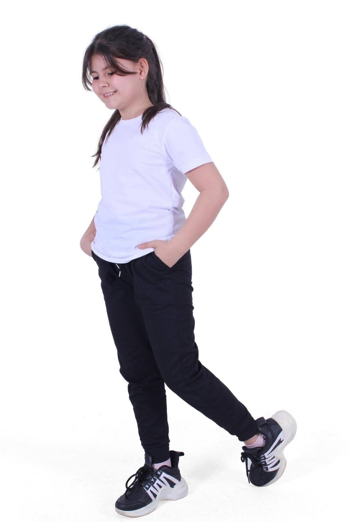 Düz Renk, Desensiz, Beli Lastikli Alt-üst Kız Çocuk T-shirt Eşofman Takımı