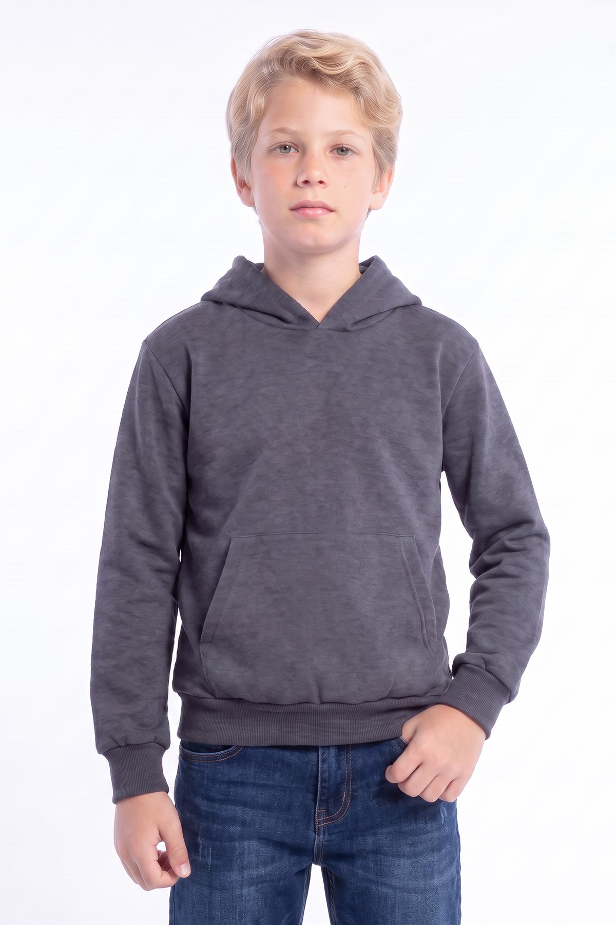 Erkek Çocuk Basic Düz Kanguru Cepli Kapüşonlu Sweatshirt