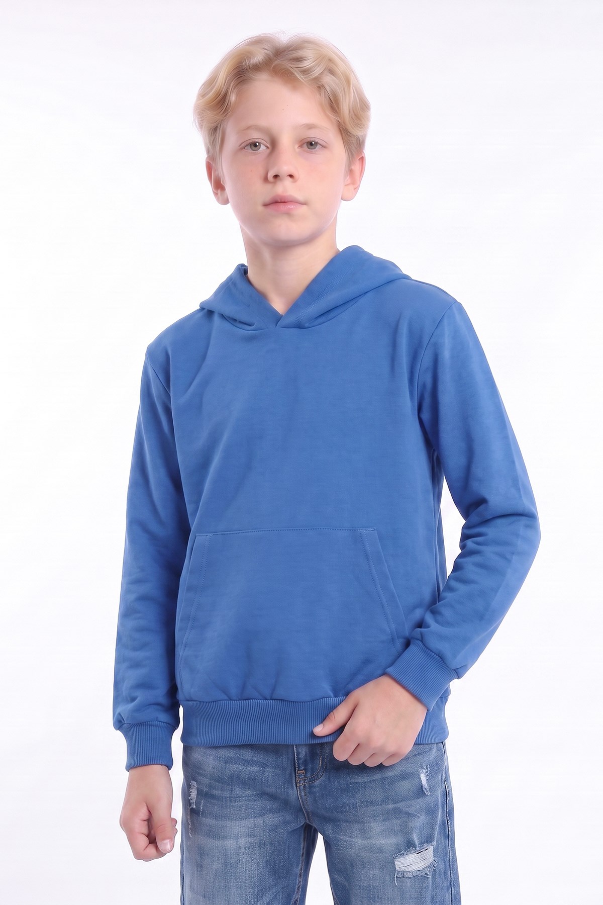 Erkek Çocuk Basic Düz Kanguru Cepli Kapüşonlu Sweatshirt