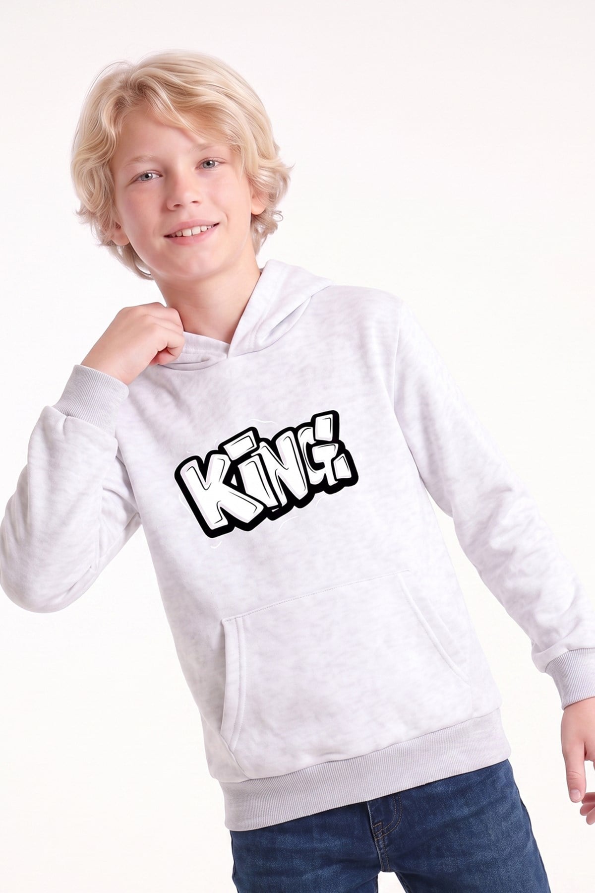 Erkek Çocuk Baskılı Kanguru Cepli Uzun Kollu Kapüşonlu Sweatshirt