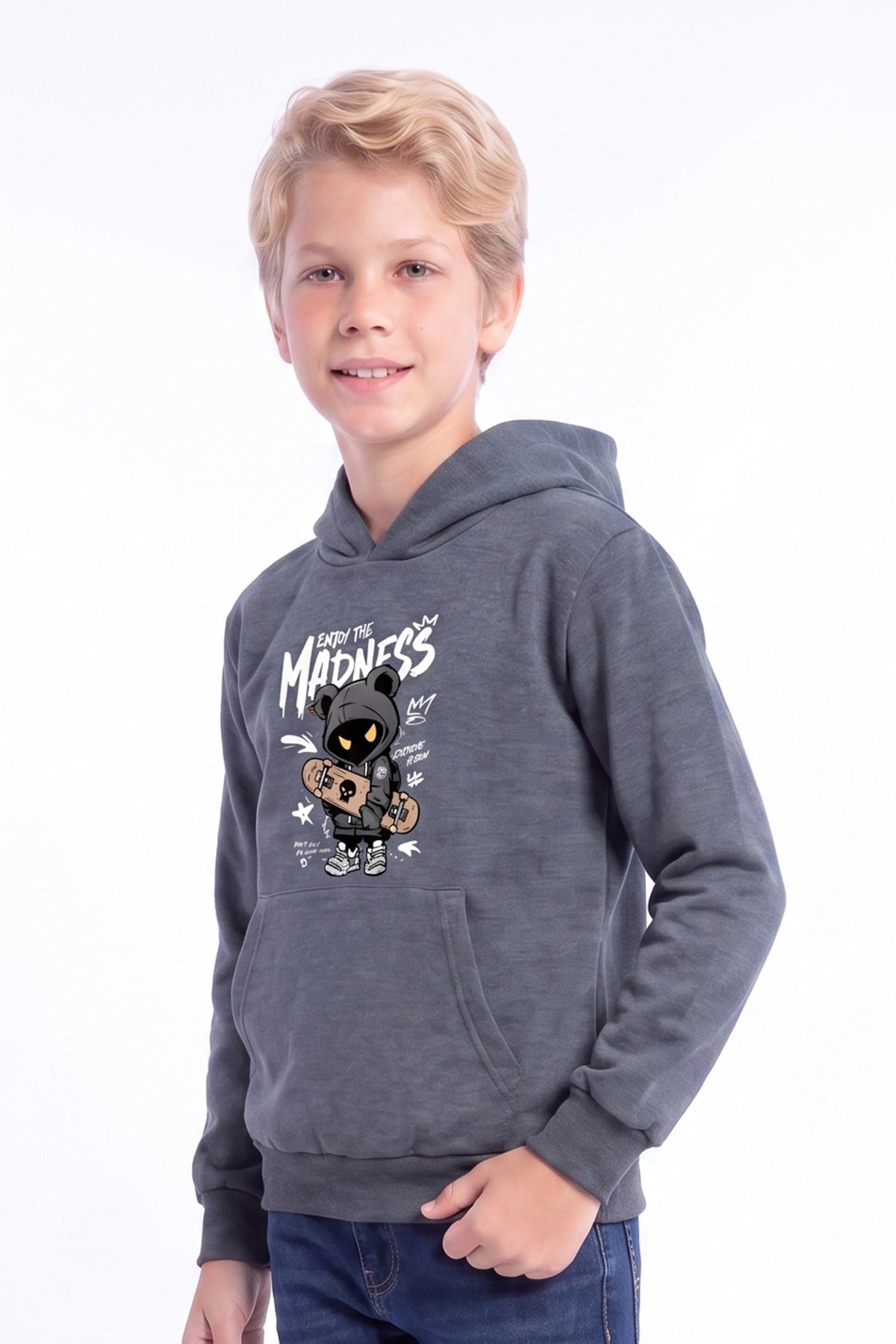 Erkek Çocuk Baskılı Kanguru Cepli Uzun Kollu Kapüşonlu Sweatshirt