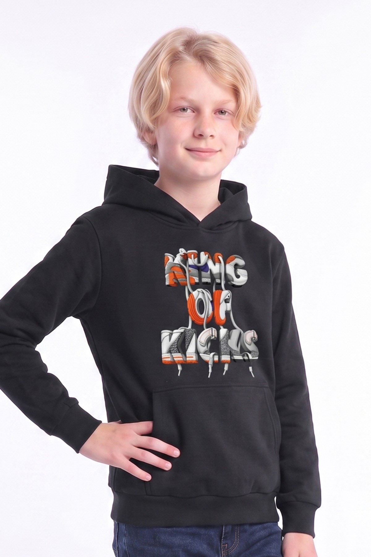 Erkek Çocuk Baskılı Kanguru Cepli Uzun Kollu Kapüşonlu Sweatshirt