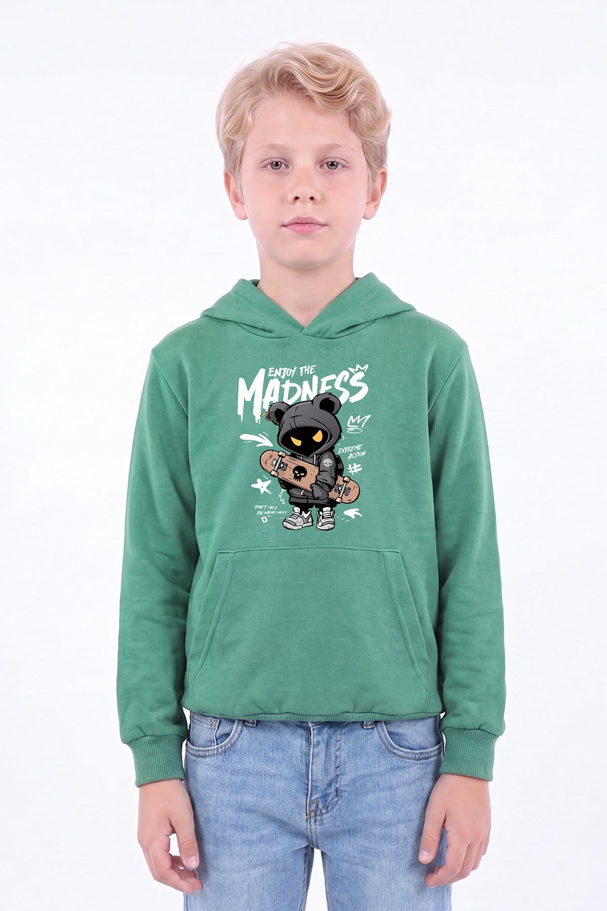 Erkek Çocuk Baskılı Kanguru Cepli Uzun Kollu Kapüşonlu Sweatshirt